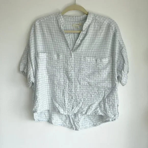 Frosty Blue Gingham Button Down Crop - Super Soft, Not See Through - Picture 2 of 7